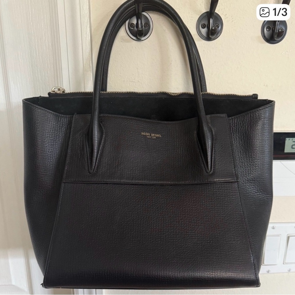 henri bendel Black Pebbled Leather Tote with Front Pocket
